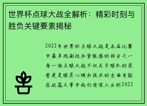 世界杯点球大战全解析：精彩时刻与胜负关键要素揭秘