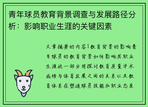 青年球员教育背景调查与发展路径分析：影响职业生涯的关键因素