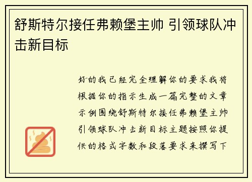 舒斯特尔接任弗赖堡主帅 引领球队冲击新目标 舒斯特尔接任弗赖堡主帅 引领球队冲击新目标
