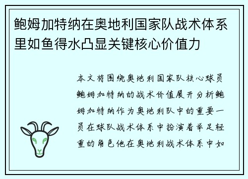 鲍姆加特纳在奥地利国家队战术体系里如鱼得水凸显关键核心价值力